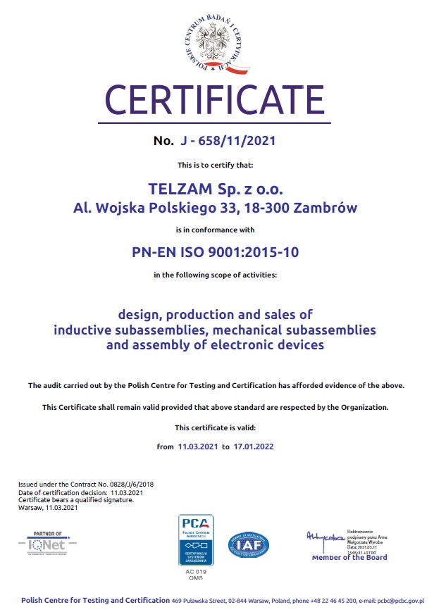 Certificate PN-EN ISO 9001:2015:10